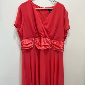 Coral plus size dress - perfect for prom. Rouching and silk sash